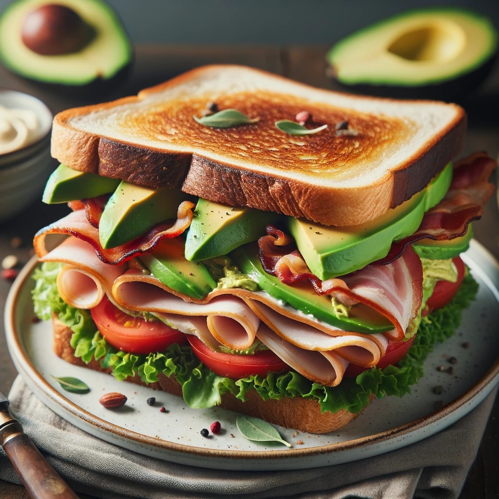 A gourmet Turkey and Avocado BLT Sandwich, neatly assembled with layers of sliced turkey, crispy bacon, ripe avocado slices, fresh lettuce, and juicy tomato, all spread with creamy mayonnaise between two slices of golden-brown toasted sourdough bread.