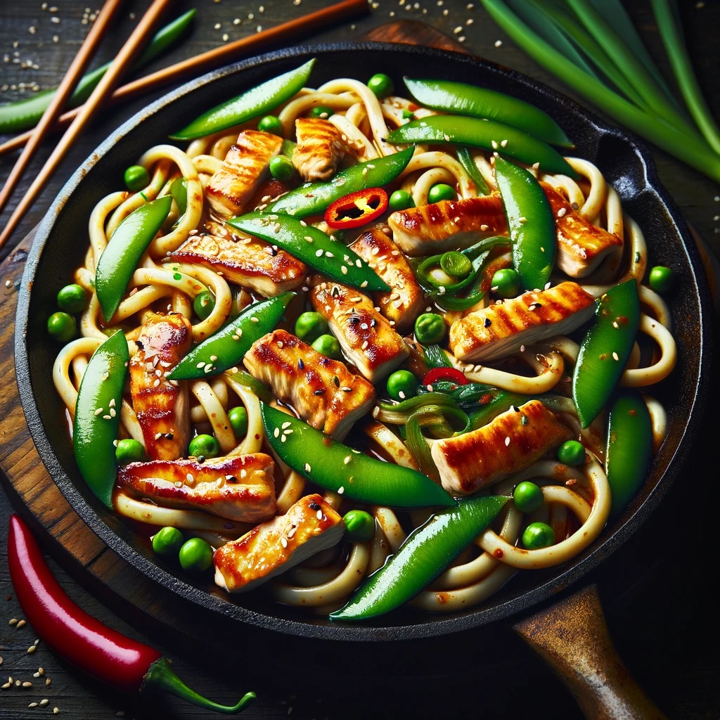 A sizzling skillet of Udon Chicken Stir-Fry with Snap Peas, featuring golden-brown chicken strips, bright green snap peas, and glossy udon noodles all coated in a rich, savory sauce. The dish is garnished with green onions and sesame seeds, with optional sliced chili peppers and shredded nori seaweed on top.