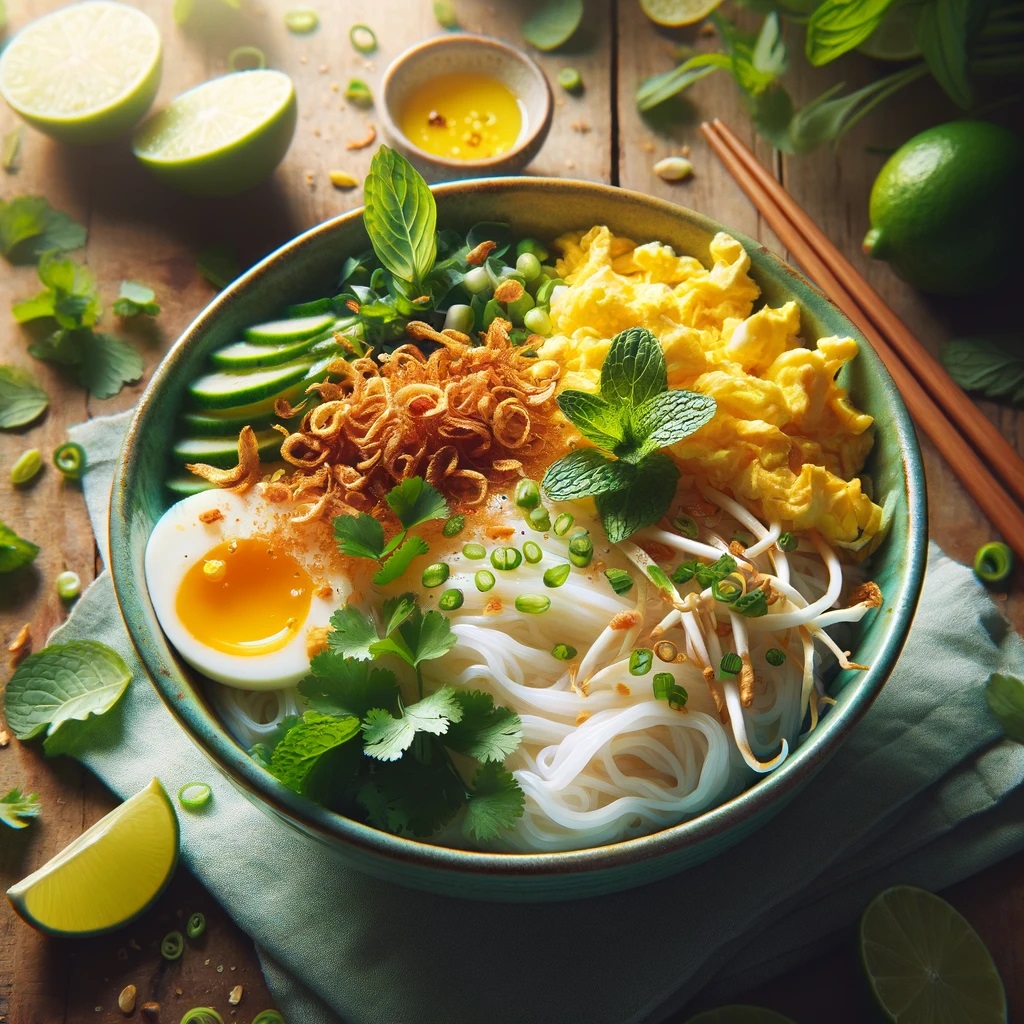 A bright and inviting bowl of Vietnamese Rice Noodle Breakfast, beautifully arranged with al dente rice noodles, scrambled eggs, crisp bean sprouts, and a generous topping of fresh cilantro and mint leaves, all brought together with a sprinkle of golden fried shallots. The dish is accented with a side of lime wedges, offering a splash of citrus to enhance the flavors. This bowl embodies the essence of a fresh start to the day, showcasing the perfect balance of savory, fresh, and tangy notes characteristic of Vietnamese cuisine.