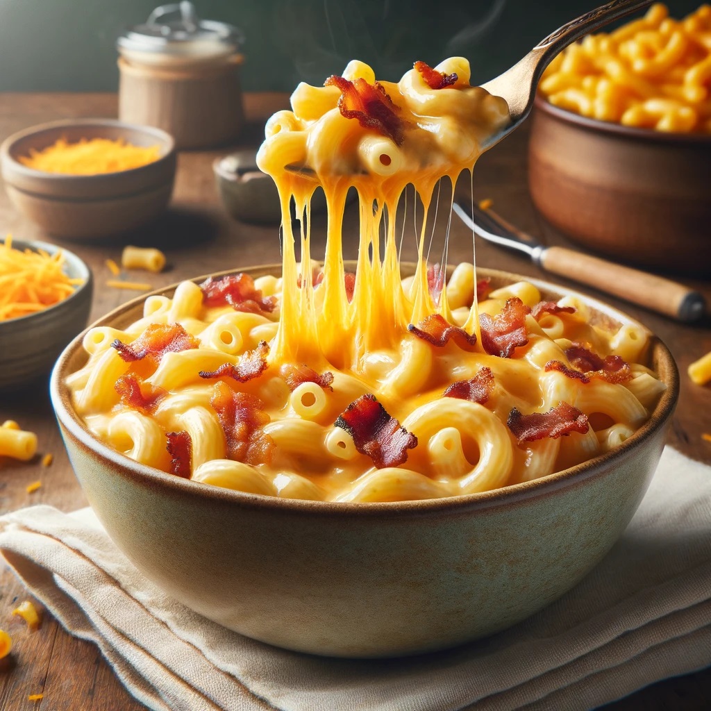 A hearty bowl of Cheesy Bacon Macaroni, with melted cheddar cheese stretching from the spoon as it scoops up a portion. The dish features perfectly cooked macaroni noodles coated in a rich, creamy cheese sauce, speckled with crispy pieces of bacon throughout, offering a feast for the eyes as much as for the palate.