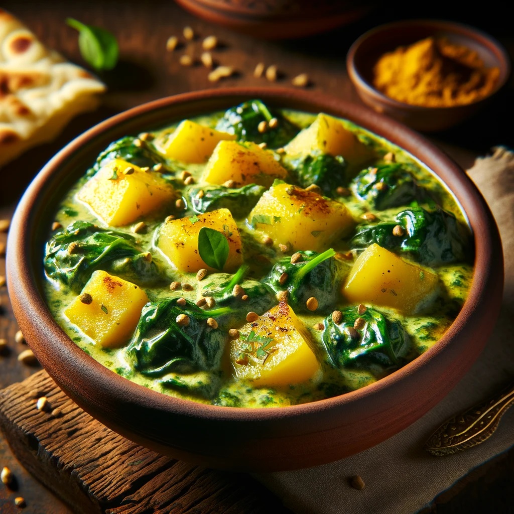 A vibrant dish of Creamy Spinach and Potato Curry served in a traditional earthenware bowl. The curry is rich and creamy, featuring soft, golden diced potatoes and bright green, freshly chopped spinach, all enveloped in a luxuriously thick cream sauce.