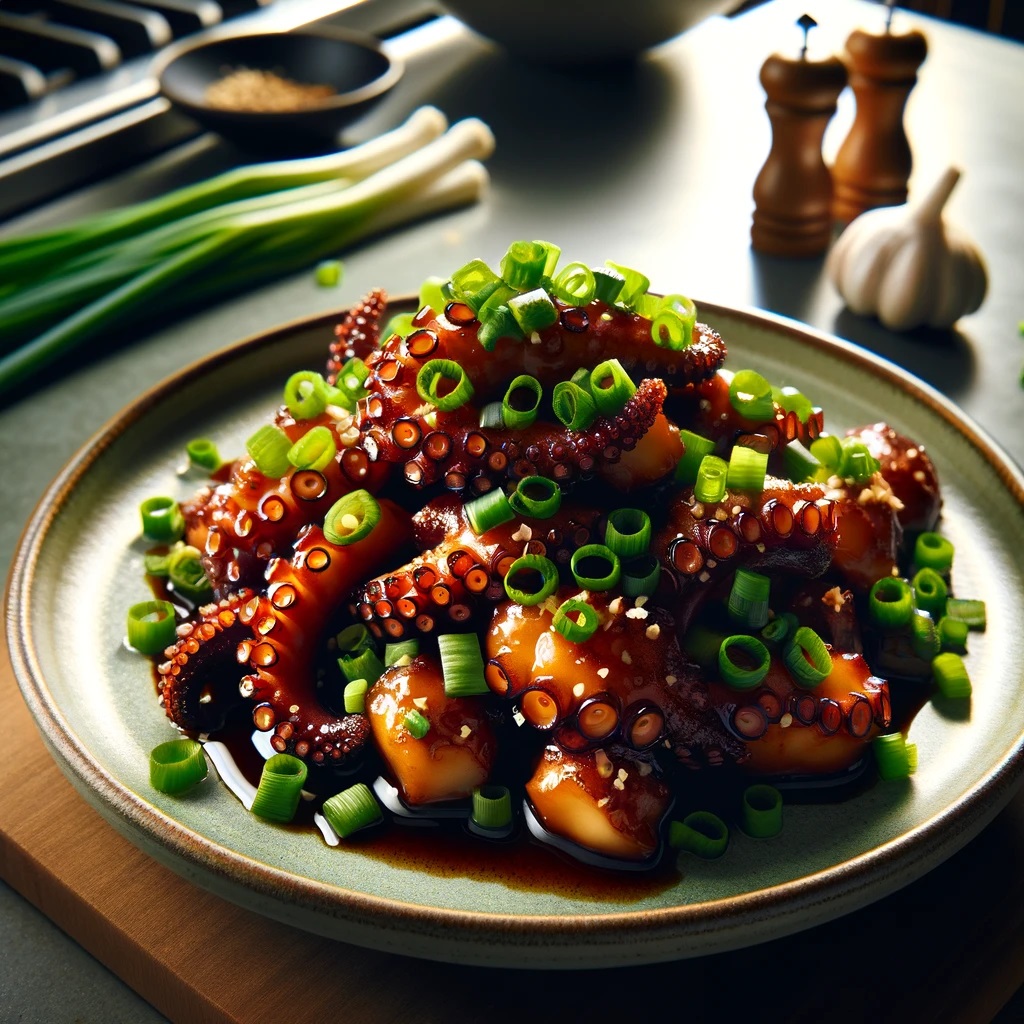 A plate of Garlic Soy Octopus Bites, beautifully garnished with chopped green onions on top, set against a modern kitchen backdrop. The octopus pieces are tender and perfectly cooked, coated in a glossy, savory sauce made from soy sauce, garlic, sesame oil, and a touch of sugar, reflecting the rich, umami flavor that characterizes the dish.