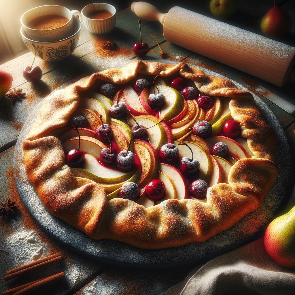 A freshly baked Italian Pear Cherry Cinnamon Breakfast Galette sits atop a rustic wooden table, bathed in the soft glow of morning light. The galette boasts a perfectly golden crust, its edges casually folded over a colorful mix of thinly sliced pears and vibrant, pitted cherries.