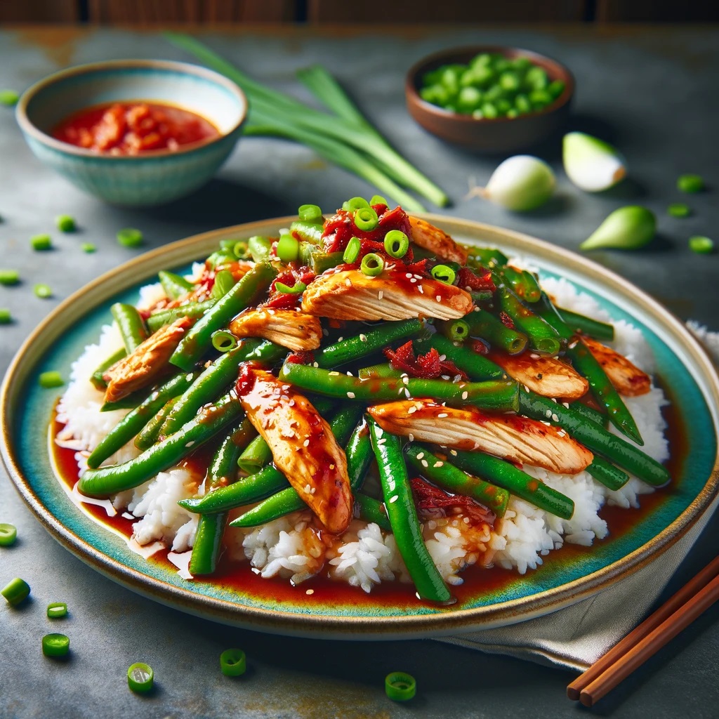 A colorful and appetizing plate of Korean Green Bean Chicken Stir Fry, served over steamed rice. The dish features thinly sliced chicken breast and bright green beans, all coated in a rich, glossy sauce made from soy sauce, sesame oil, gochujang, and a hint of sugar.