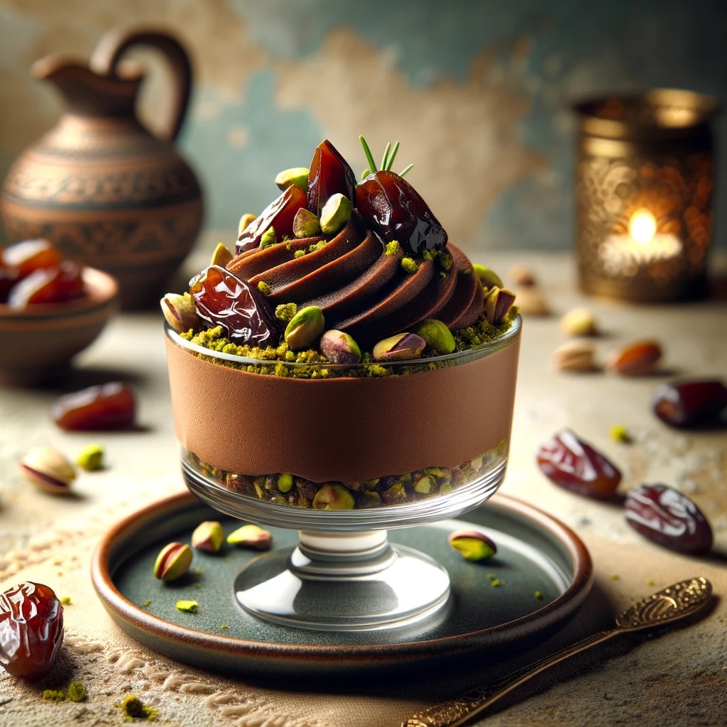 A luxurious Mediterranean Chocolate Date Delight dessert elegantly presented in a small glass serving dish. The dessert features a light and fluffy dark chocolate mousse, enriched with finely chopped dates and pistachios.