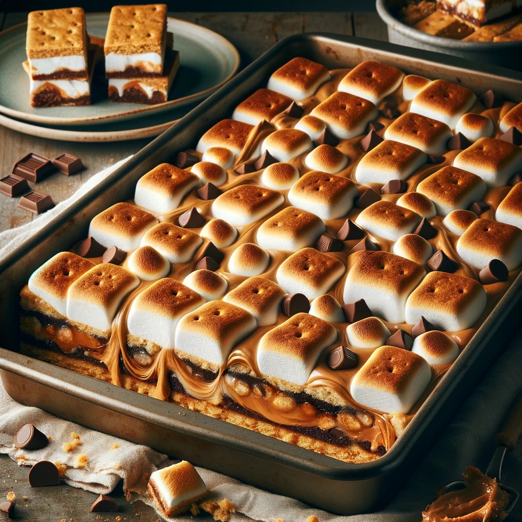 A batch of freshly baked Peanut Butter S'mores Bars in a 9x13 inch baking dish, showcasing layers of graham cracker crust, creamy peanut butter, marshmallows turned golden brown, and melted chocolate chips.