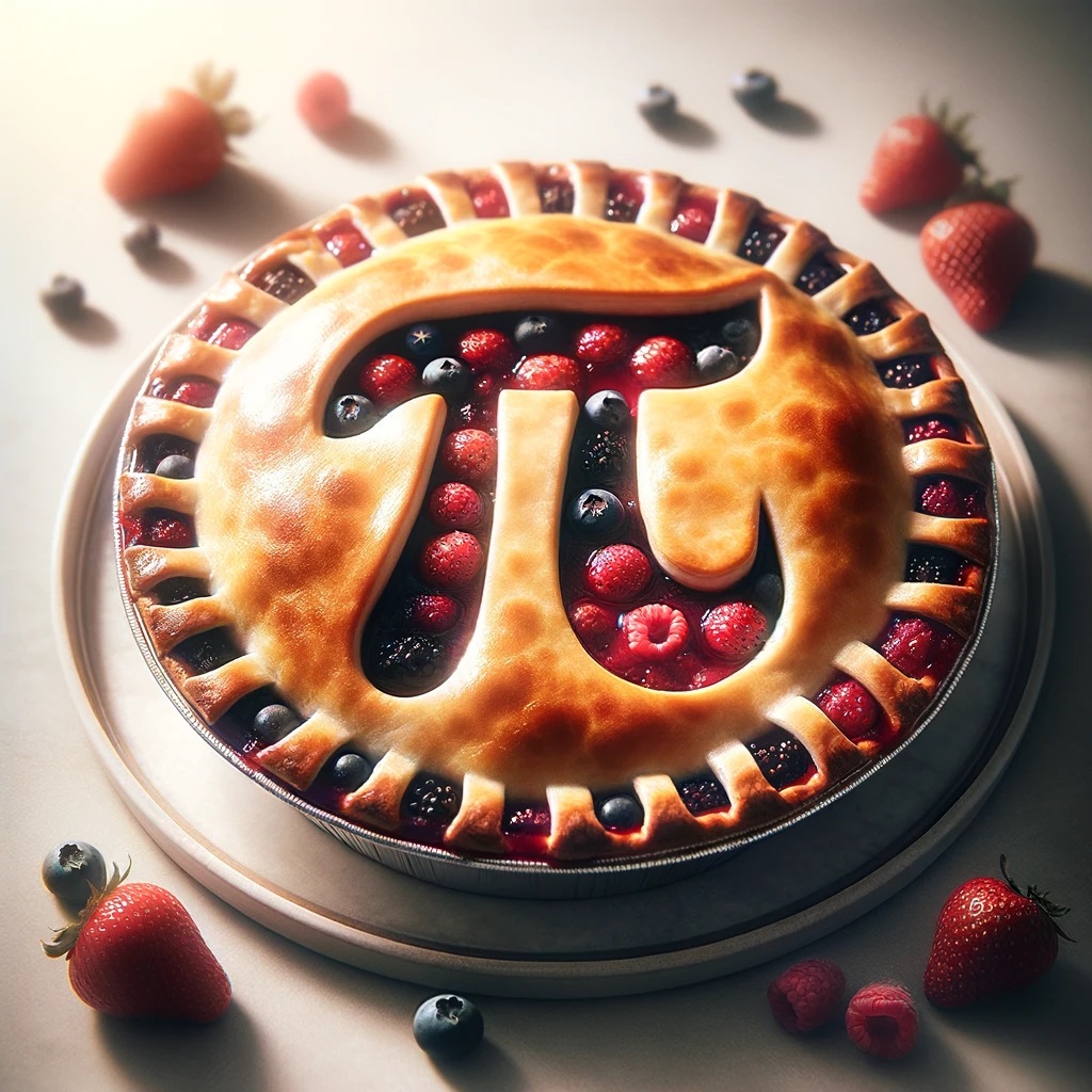 The pie has a golden-brown, flaky crust, artistically designed with pi-shaped vents on top, symbolizing a playful nod to mathematics and baking. Inside, the filling showcases a luscious and vibrant mix of strawberries, blueberries, and raspberries, their juices glistening under the light.