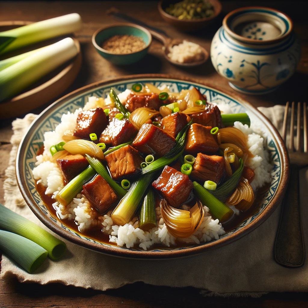 A plate of Pork Adobo with Leeks and Rice, beautifully presented on a traditional Filipino serving dish. The pork adobo glistens with a savory sauce, featuring tender cubes of pork belly, marinated and cooked to perfection, nestled among soft, green slices of leeks.