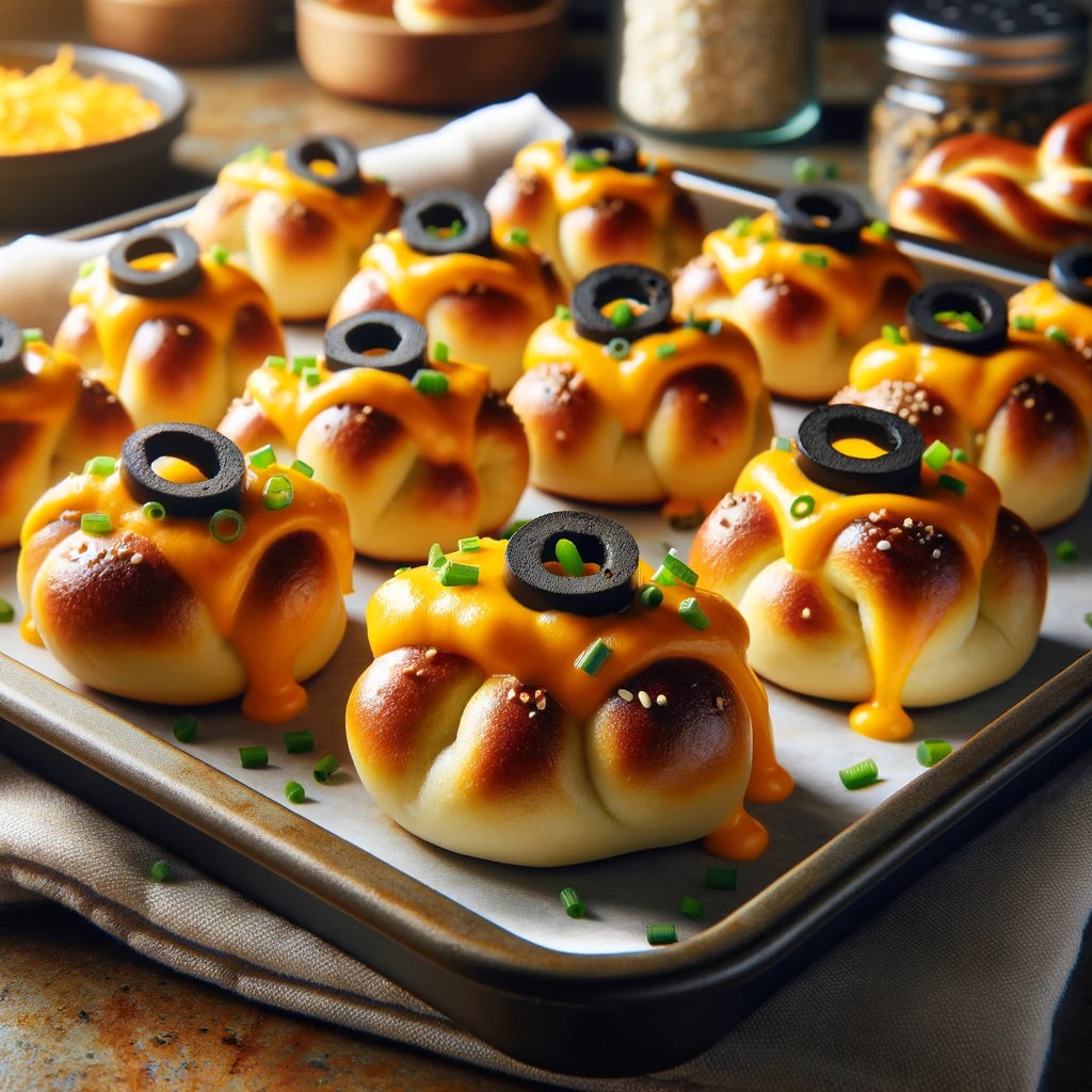 A tray of freshly baked Saig Cheesy Pretzel Bites, each mini pretzel generously topped with golden, bubbly cheddar cheese sauce, sprinkled with sliced black olives and finely chopped chives.