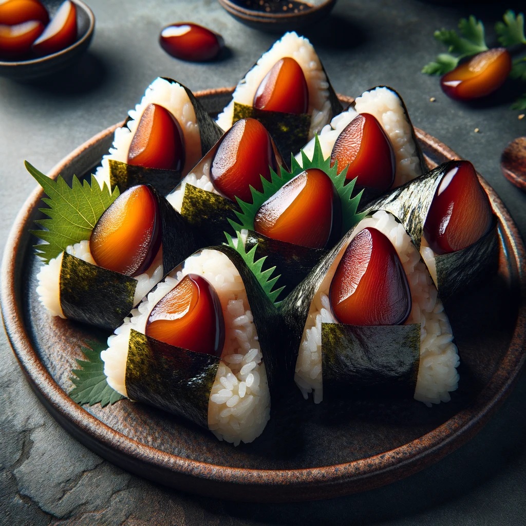 A beautifully arranged platter of Pickled Plum Onigiri, each piece crafted to perfection. The sushi rice is shiny and perfectly cooked, with a vibrant piece of sour pickled plum at its heart, wrapped in a crisp nori seaweed strip.