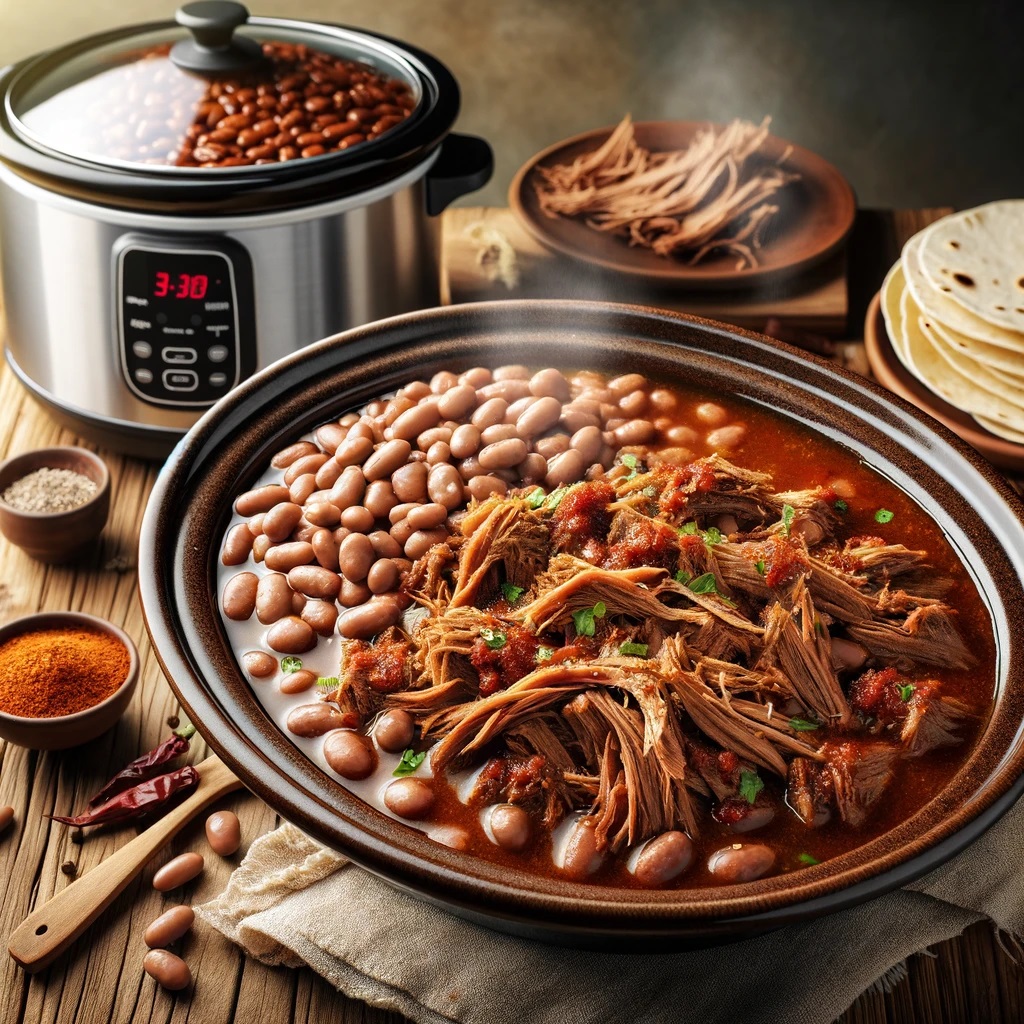 A slow cooker filled with Mexican Brisket and Pinto Beans, showcasing tender shredded beef brisket mixed with pinto beans in a rich, savory broth. The brisket is perfectly seasoned with chili powder, oregano, and other spices, giving it a deep red hue and a mouthwatering aroma.