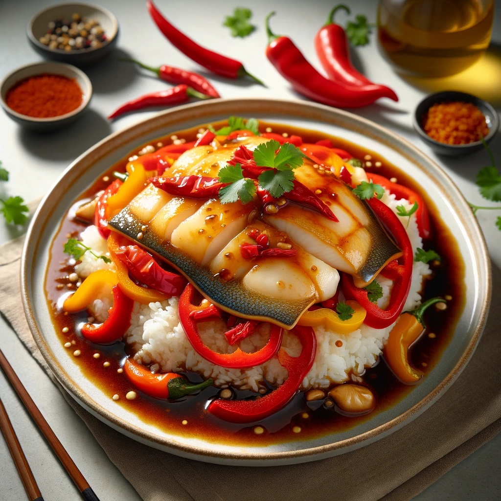 A plate showcasing Thai Flounder with Red Pepper Stir-Fry, beautifully arranged over steamed rice. The flounder fillets are tender and perfectly cooked, lying amidst vibrant slices of red pepper, all coated in a glossy, savory sauce made from soy sauce, fish sauce, oyster sauce, and a hint of brown sugar.