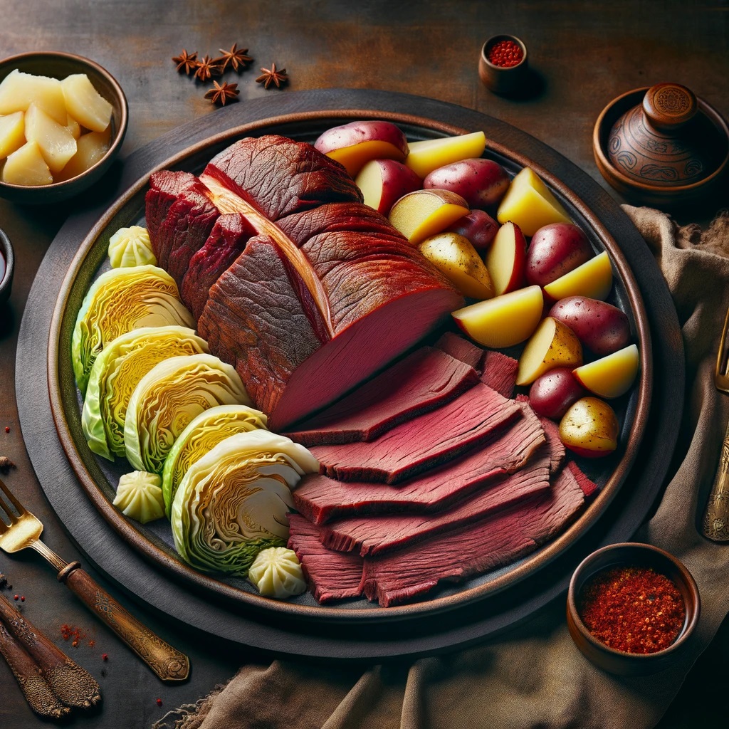 A beautifully arranged serving platter featuring a Traditional Corned Beef and Cabbage Dinner, with tender slices of corned beef brisket at the center, surrounded by wedges of soft, cooked cabbage and halved red potatoes.